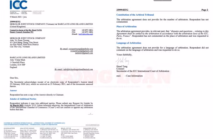 Thông báo xác nhận ngày 9/3/2021 của Toà án ICC về việc đã nhận các thông tin từ hai bên Nguyên đơn và Bị đơn của vụ kiện. (Ảnh - Chính Kỳ)