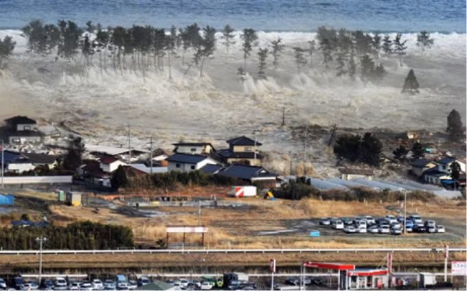 Sóng thần nhấn chìm các ngôi nhà ở Natori, tỉnh Miyagi. Ảnh chụp ngày 11/3/2011. Ảnh: Kyodo News/AP