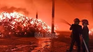 Lực lượng chức năng đã điều động 4 xe chữa cháy cùng gần 100 người gồm cán bộ, chiến sĩ và công nhân tham gia chữa cháy xưởng chế biến gỗ (tại xã Cẩm Đàn (Sơn Động, Bắc Giang). Ảnh: baobacgiang.vn