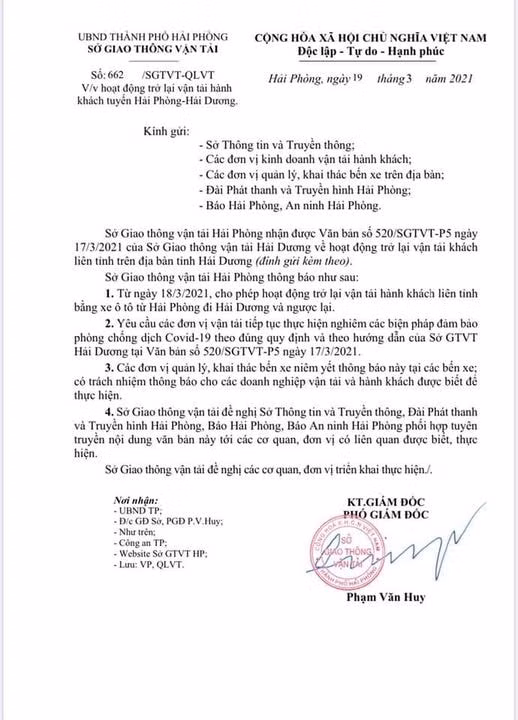 Văn bản số 662 của Sở Giao thông vận tải TP Hải Phòng.