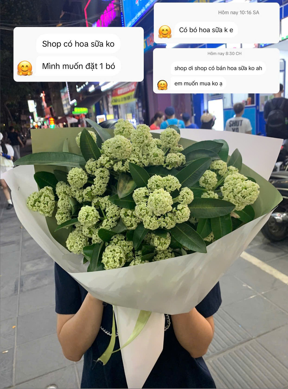 Không phải ai mua hoa sữa cũng để tặng người khác. Một số khách muốn tự thưởng cho mình, chụp ảnh hoặc lưu giữ kỷ niệm về Hà Nội. Có người từ xa đến mua hoa rồi nhờ bọc kín để mang về làm quà. Ảnh: Nhân vật cung cấp tree.jpg
