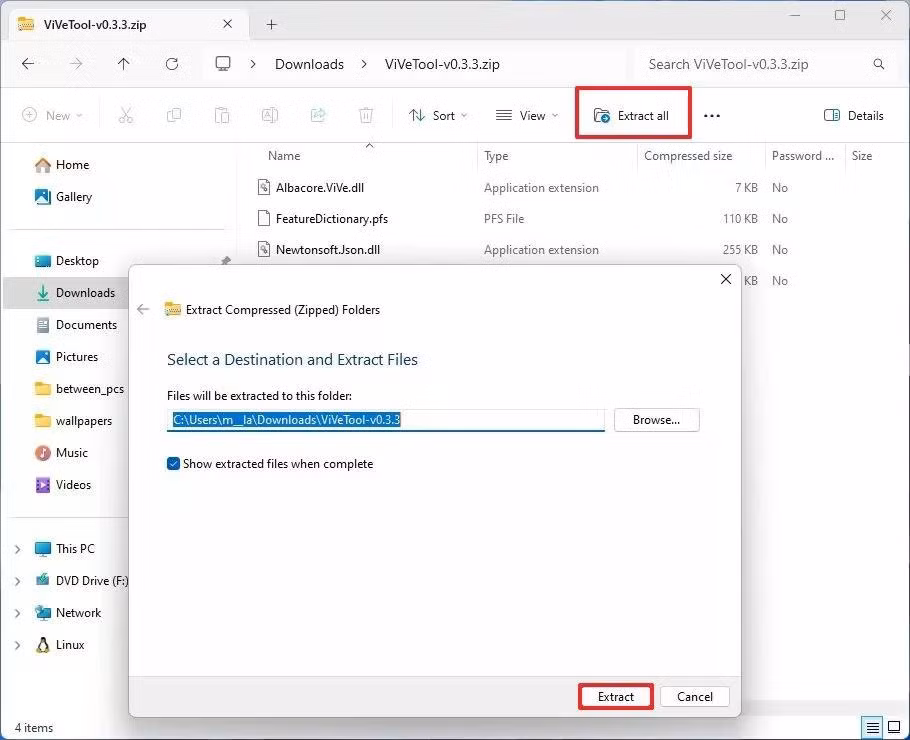 Giao diện giải nén công cụ ViveTool trên Windows 11