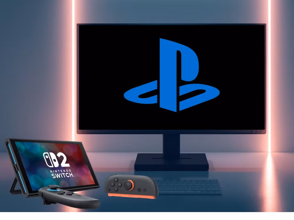 Máy chơi game Switch 2 đặt cạnh màn hình PC hiển thị logo PlayStation