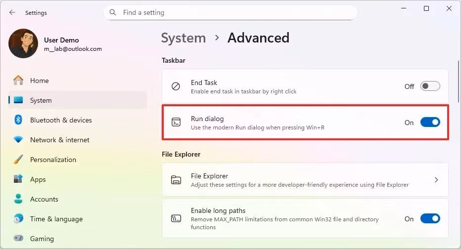 Kích hoạt tùy chọn Run dialog trong phần cài đặt hệ thống