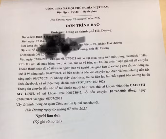 Một nạn nhân tại Hải Dương bị tài khoản Hữu cơ Đà Lạt chiếm đoạt gần 11 triệu đồng cũng đã trình báo vụ việc tới công an - Nguồn: NVCC