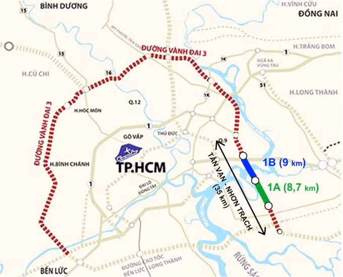 Dự án 1A và 1B, thuộc đoạn Tân Vạn - Nhơn Trạch tuyến Vành đai 3 TP. HCM.