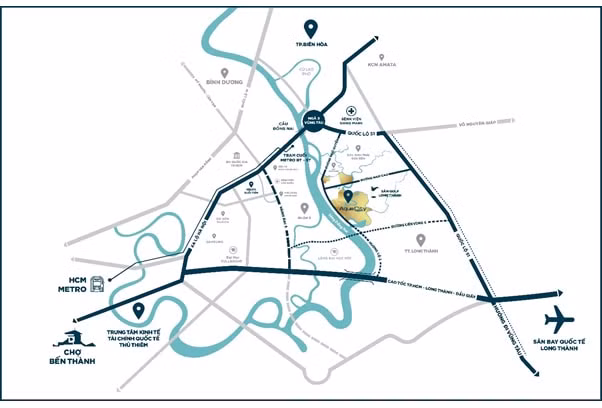 Từ phân khu River Park 1 của Aqua City, cư dân chỉ mất khoảng 20 phút để di chuyển về trung tâm TP.HCM hay sân bay Long Thành khi hạ tầng giao thông hoàn thiện.