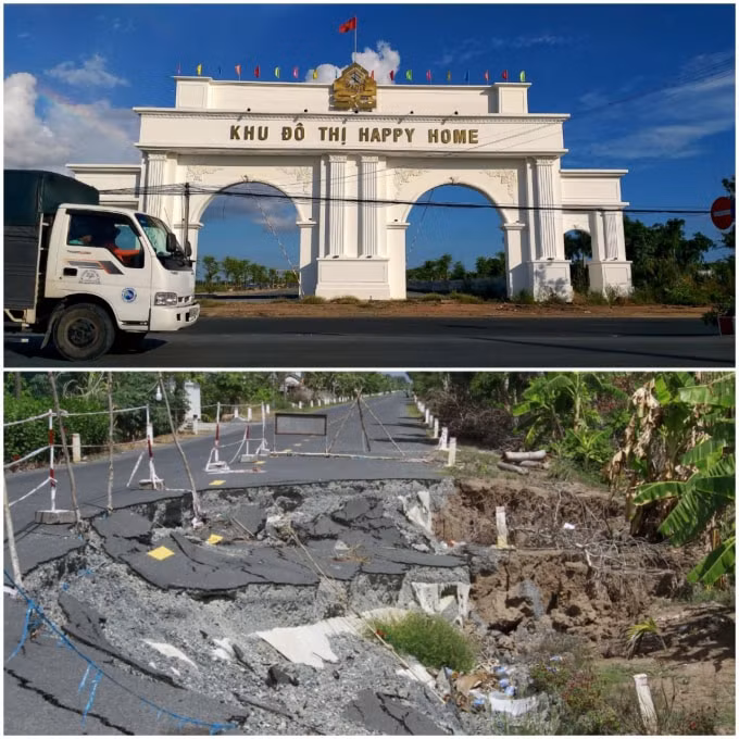 Cánh cổng Dự án khu đô thị Happy Home ở trên và Tuyến đường BT Tắc Thủ - Vàm Đá Bạc đang trong tình trạng sụt lún ở dưới. Ảnh: TS