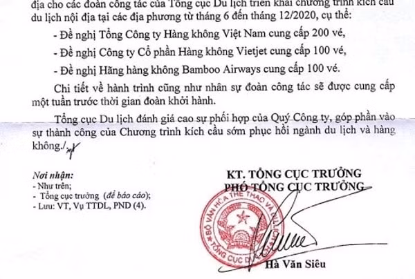 Văn bản đề nghị các hãng hàng không cung cấp 400 vé miễn phí phục vụ đoàn công tác của Tổng cục Du lịch