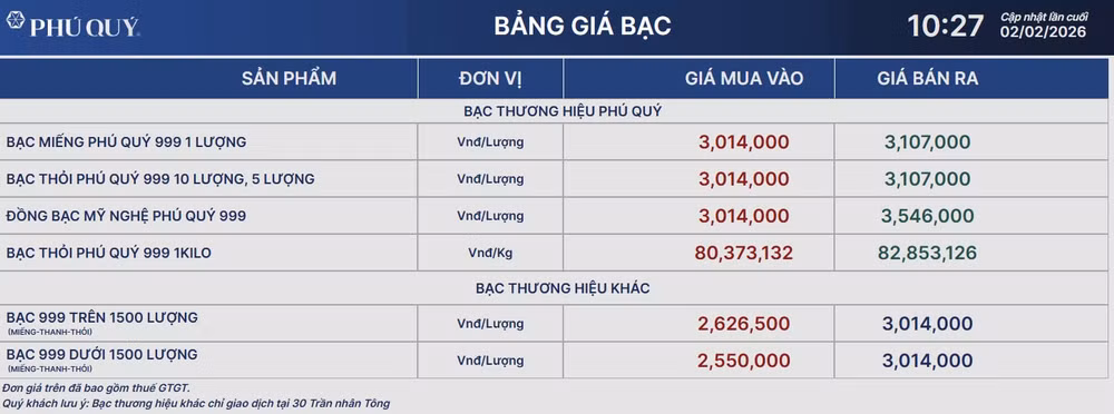 Giá bạc Phú Quý lúc 10h27 hôm nay 2-2-2026