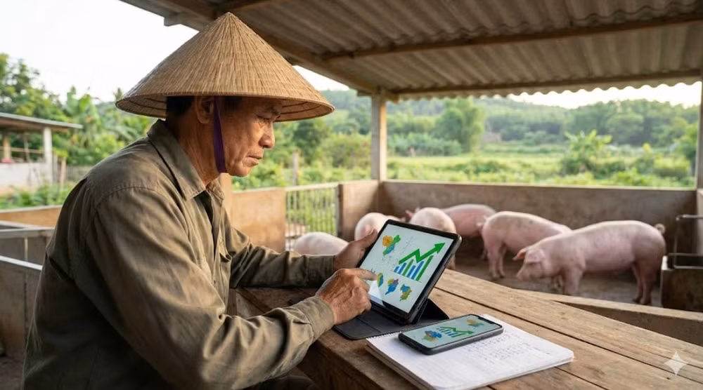 Người chăn nuôi theo dõi biến động giá heo hơi tại các địa phương trong bối cảnh thị trường duy trì mặt bằng giá cao - Ảnh minh họa