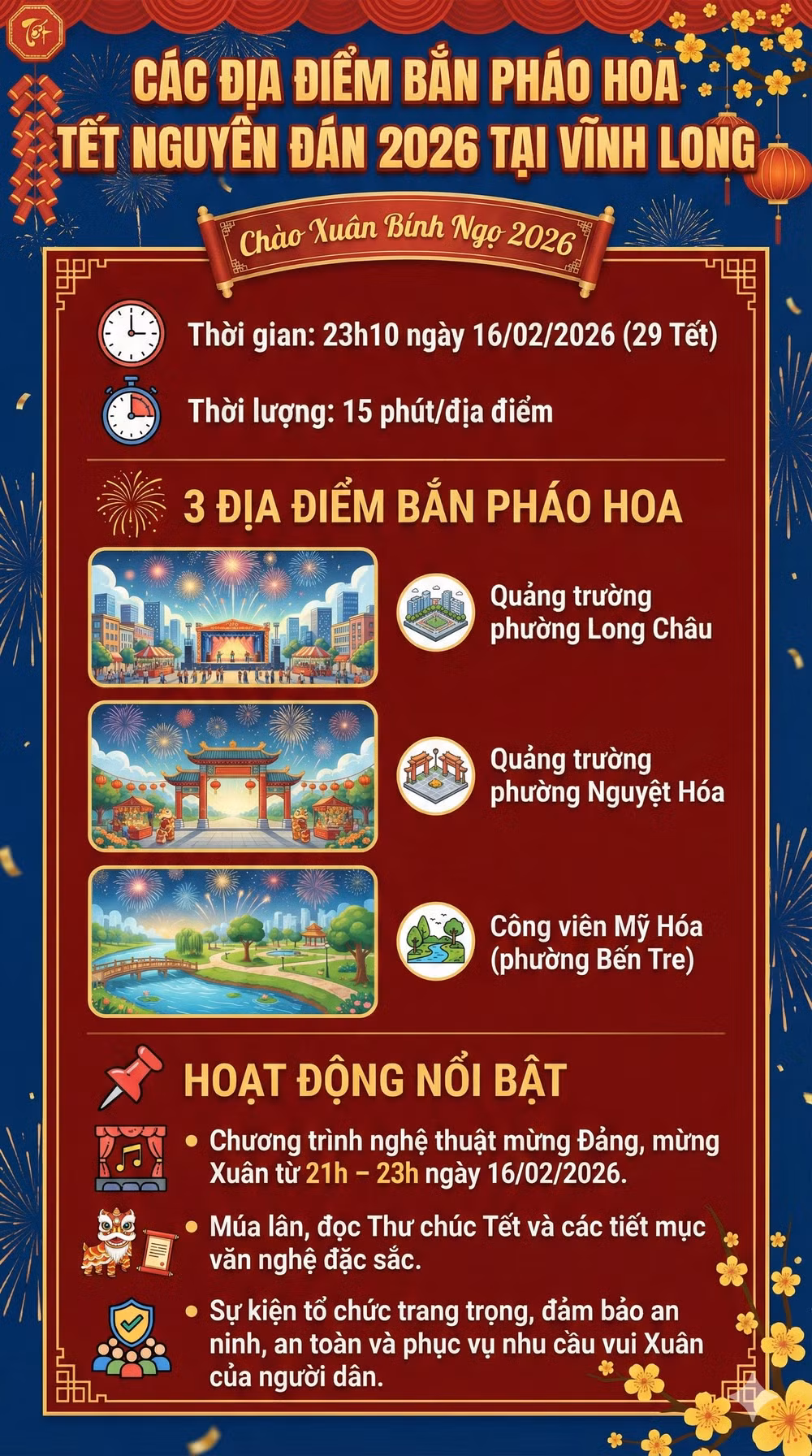Điểm bắn pháo hoa Tết Nguyên Đán 2026 tỉnh Vĩnh Long