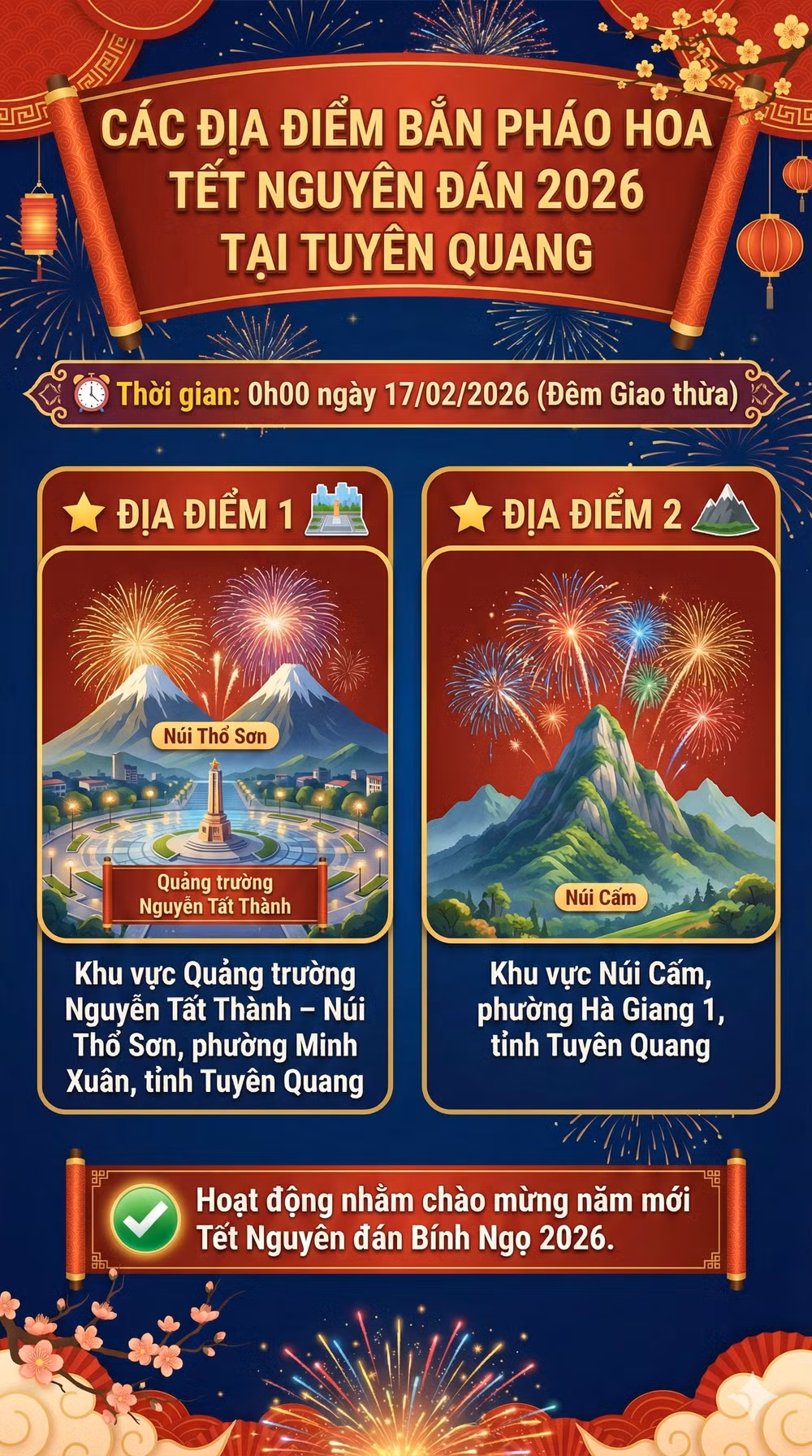 Điểm bắn pháo hoa Tết Nguyên Đán 2026 tỉnh Tuyên Quang