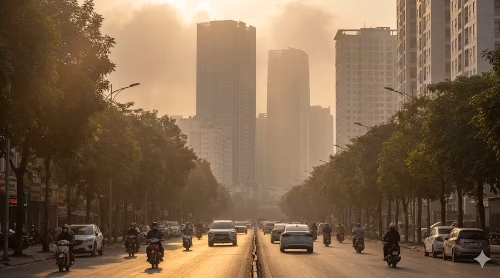 Nắng vàng rực rỡ trải xuống phố phường Hà Nội sáng đầu tuần 2-2, nhưng lớp màn bụi mịn mờ ảo vẫn bao phủ các tòa nhà cao tầng - Ảnh minh họa AI