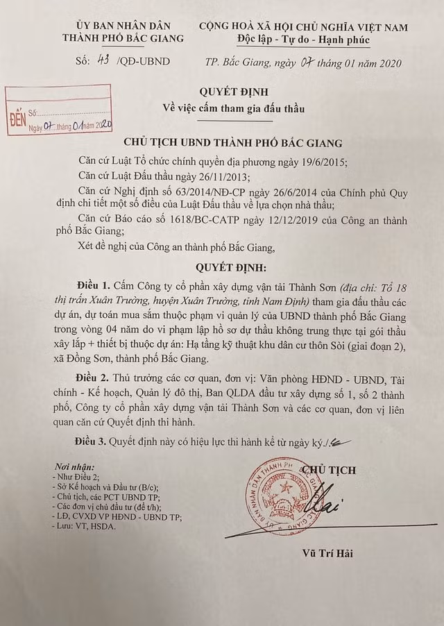 Quyết định số 43/QĐ-UBND của UBND thành phố Bắc Giang về việc cấm tham gia đấu thầu đối với Công ty cổ phần xây dựng vận tải Thành Sơn