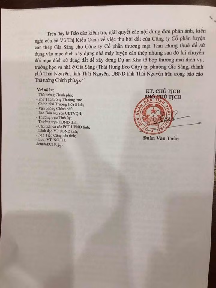 Công văn số 17/BC-UBND của UBND tỉnh Thái Nguyên ngày 30-1-2019 gửi Thủ tướng Chính phủ, Ban Dân nguyện của UBTVQH