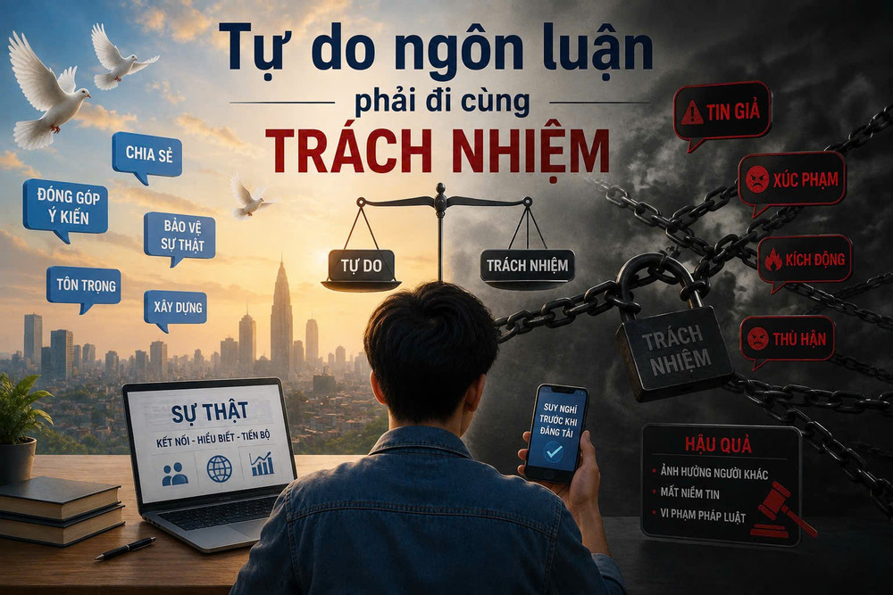 Bảo vệ quyền tự do ngôn luận không đồng nghĩa với việc người dùng có thể tùy tiện đăng tải mọi nội dung. Ảnh: AI 1787236523580-1499454592867780915-7448912013364701859-530f62abeddf0abf62bf676bf1effcc3.jpg