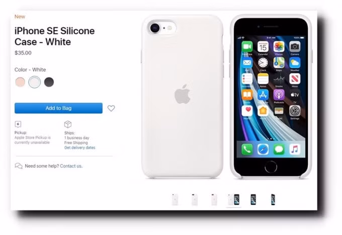 iPhone SE Silicone Case - White được liệt kê trên trang sản phẩm của Apple