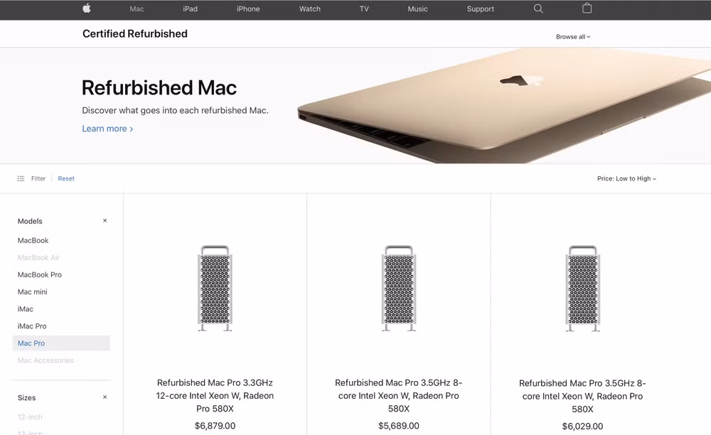 Các mẫu Mac Pro 2019 hàng Refurbished được bán trên trang chủ Apple.