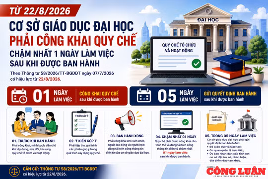 Từ 22/8/2026: Cơ sở giáo dục đại học phải công khai quy chế trong 1 ngày