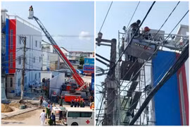 Cứu 2 công nhân ở Trà Vinh bị điện giật và mắc kẹt trên độ cao 15m