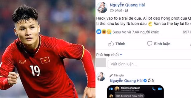 Ảnh chụp màn hình tài khoản facebook của Quang Hải bị hack vào sáng ngày 23/6. Ảnh: T.L