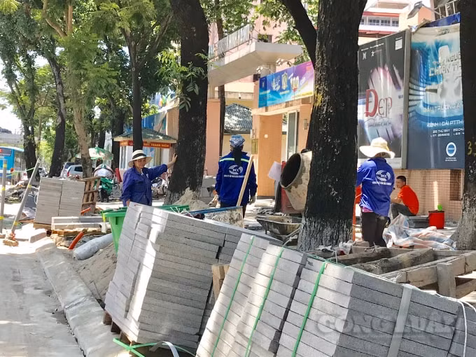 Mặc dù làm việc dưới tán cây nhưng những người công nhân lát đá vỉa hè cho biết vẫn cảm thấy vô cùng khó chịu