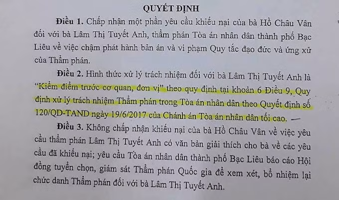 Quyết định của TAND TP. Bạc Liêu kỷ luật thẩm phán Lâm Thị Tuyết Anh.