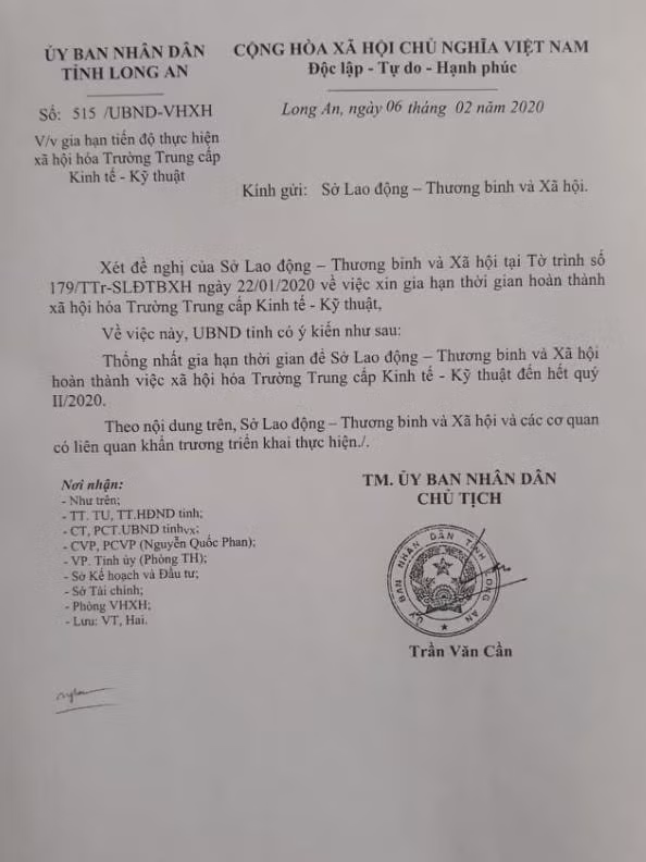 Ngày 6/2, Chủ tịch UBND tỉnh Long An đã ký ban hành văn bản số 515/UBND-VHXH về việc gia hạn tiến độ thực hiện xã hội hóa Trường Trung cấp Kinh tế – Kỹ thuật.