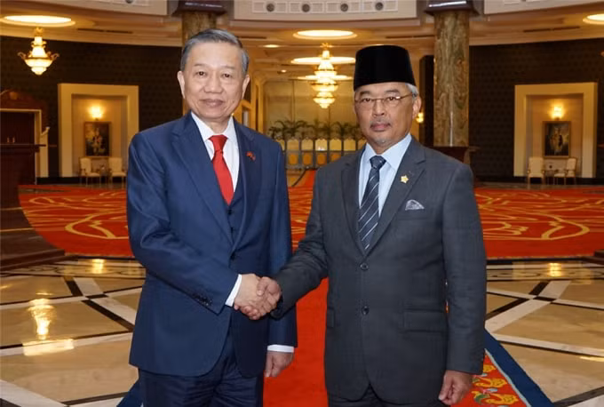 Đại tướng Tô Lâm yết kiến Quốc vương Malaysia Abdullah Sultan Ahmad Shah. Ảnh: BCA.