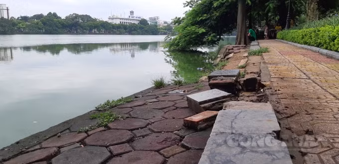 Vỉa hè được lát nhiều loại gạch đá khác nhau, một số đoạn đã xuất hiện tình trạng bong tróc, vỡ vụn