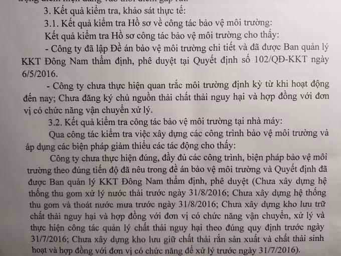 Kết quả kiểm tra, khảo sát thực tế tại biên bản làm việc giữa các bên liên quan về việc kiểm tra nội dung phản ánh tình trạng gây ô nhiễm môi trường (ngày 30/8/2017) đã chỉ ra nhiều tồn tại tại công ty...