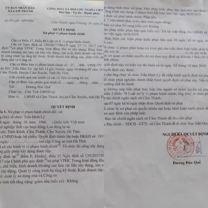 Quyết định xử phạt vi phạm hành chính đối với công trình xây dựng sai nội dung giấy phép xây dựng được cấp của xã Cẩm Thành