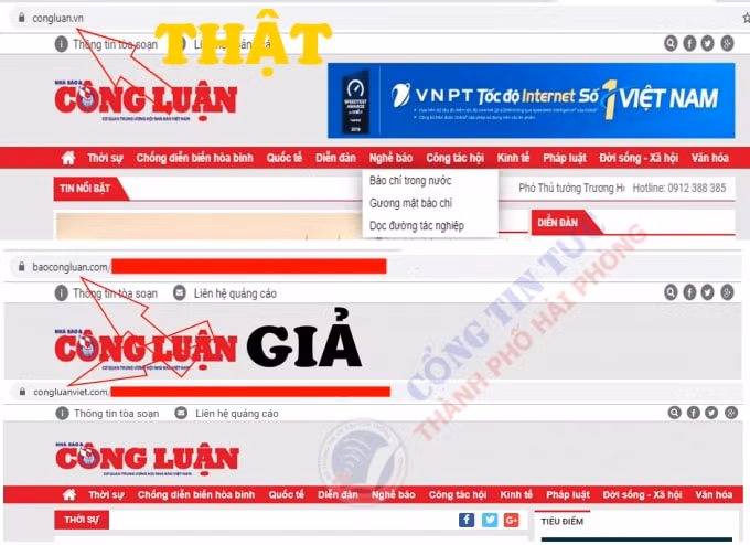 Hai tên miền baocongluan.com và congluanviet.com giả mạo Báo điện tử Công Luận.