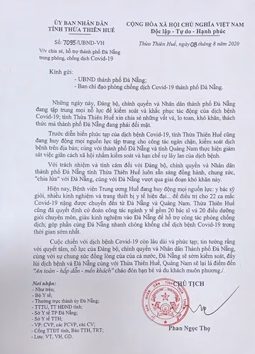 Công văn Chủ tịch UBND tỉnh thừa Thiên Huế cử đoàn 40 y bác sĩ, điều dưỡng vào Đà Nẵng hỗ trợ phòng chống dịch Covid-19.