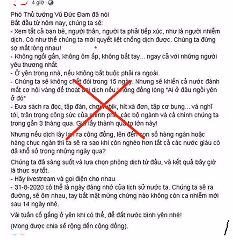 Nội dung thông tin giả mà ông V. chia sẻ lên Facebook cá nhân. Ảnh chụp màn hình