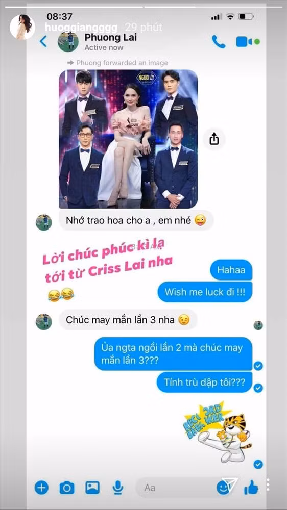 Criss Lai gửi tin nhắn cho Hương Giang. Ảnh: internet.