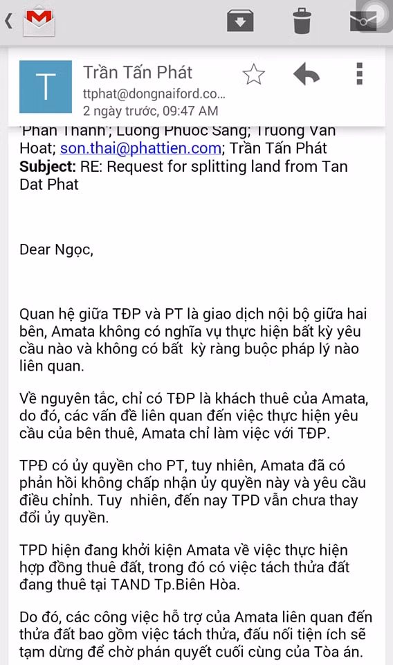 Đại diện Amata Biên Hòa gửi thư điện tử phản hồi Công ty Tấn Đạt Phát và Công ty Phát Tiến liên quan tới việc tách thửa lô đất B04.