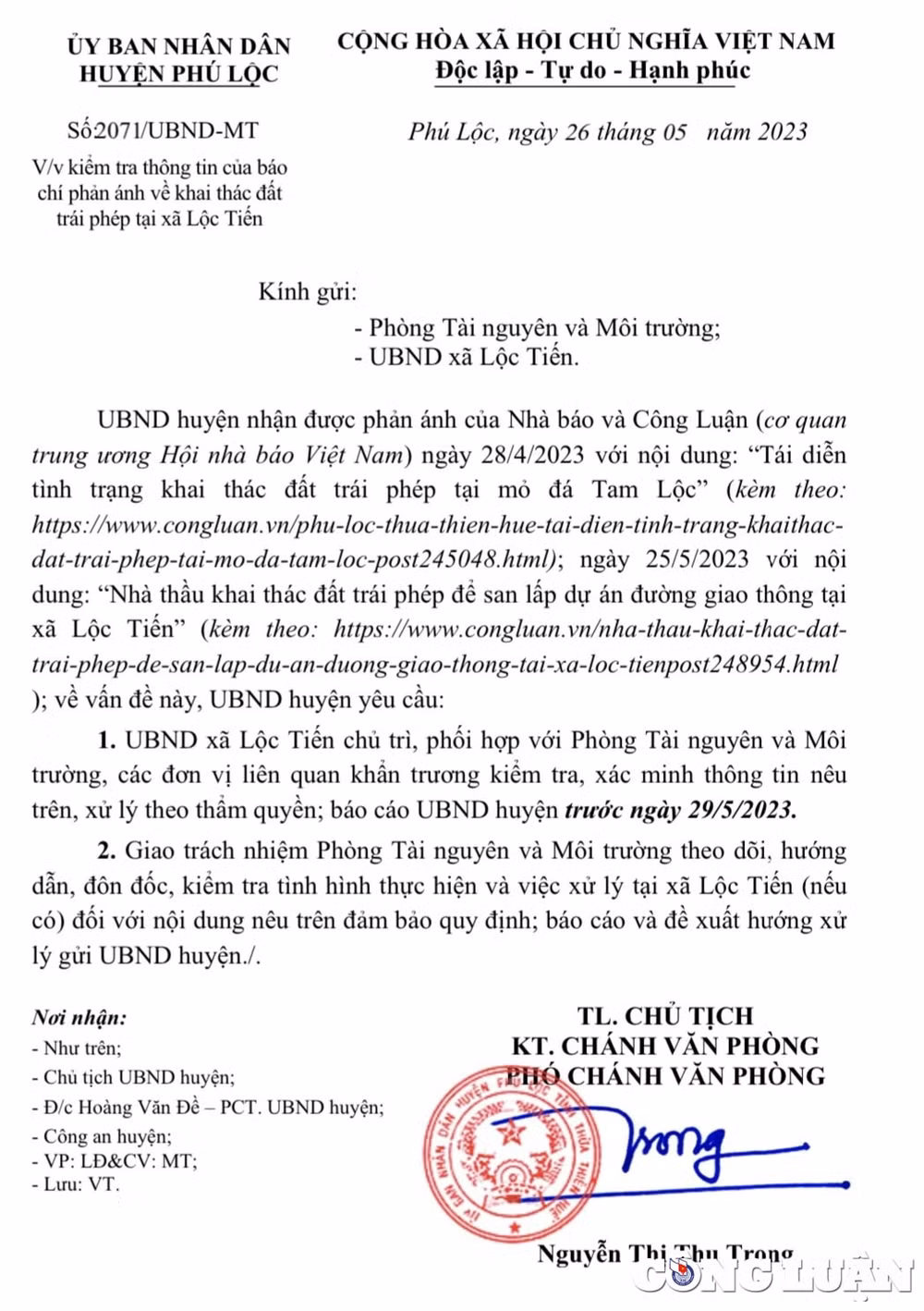 ubnd huyen phu loc yeu cau lam ro xu ly nghiem tinh trang khai thac dat trai phep hinh 3