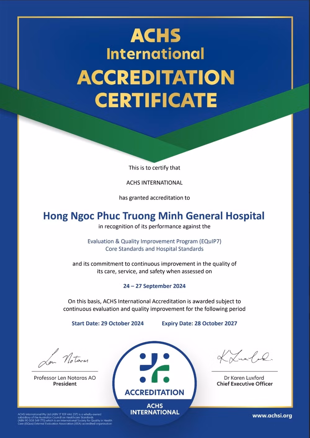 benh vien da khoa dau tien tai viet nam dat chung chi chat luong theo tieu chuan achs international voi muc danh gia tuyet doi hinh 1