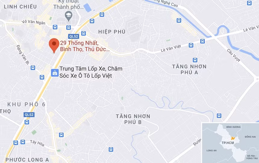 Vụ cháy xảy ra tại bãi xe trên đường Thống Nhất, TP Thủ Đức. Ảnh: Google Maps