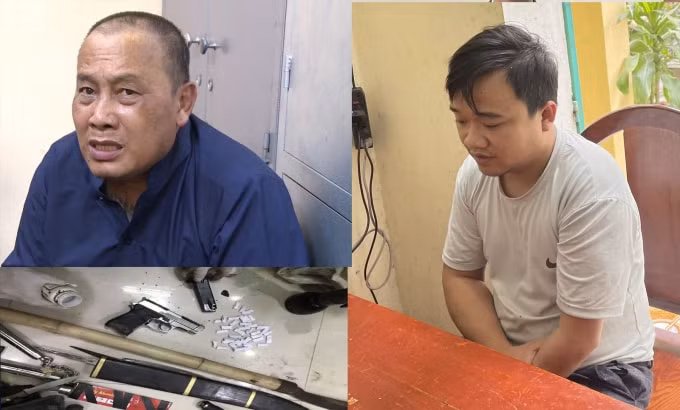 Đối tượng Hồ Văn Hanh (áo đen) và Nguyễn Hữu Đức cùng các tang vật thu được. Ảnh: Công an cung cấp