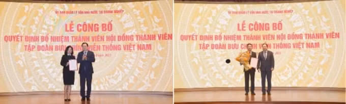Chủ tịch Uỷ ban QLVNN tại DN Nguyễn Hoàng Anh trao quyết định bổ nhiệm cho 2 Thành viên HĐTV mới của VNPT.