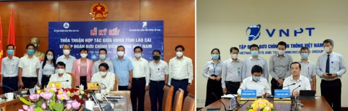 Qua cầu truyền hình, ông Trịnh Xuân Trường, Chủ tịch UBND Tỉnh Lào Cai (ảnh trái) và ông Huỳnh Quang Liêm, Tổng Giám đốc Tập đoàn VNPT (ảnh phải) ký kết thỏa thuận hợp tác giữa 2 bên.