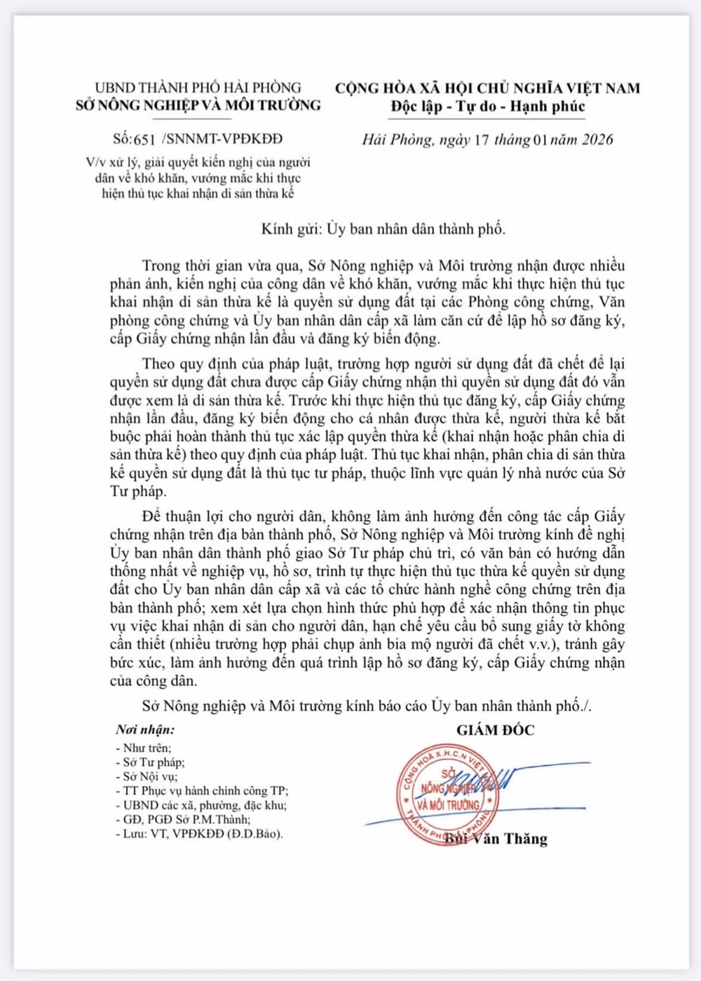 Văn bản Số 651/SNNMT-VPĐKĐĐ ngày 17/1/2026 của Sở Nông nghiệp và Môi trường TP. Hải Phòng về việc xử lý, giải quyết kiến nghị của người dân về khó khăn, vướng mắc khi thực hiện thủ tục khai nhận di sản thừa kế.
