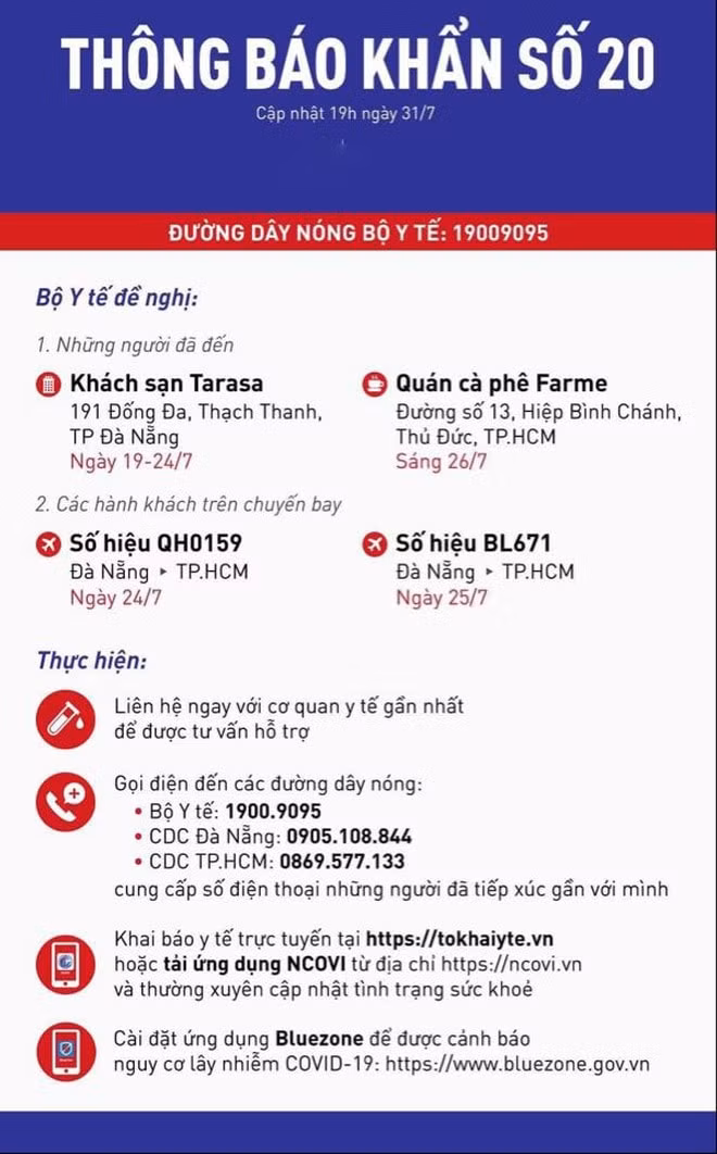 Thông báo khẩn cấp số 20 của Bộ Y tế. Ảnh: internet.