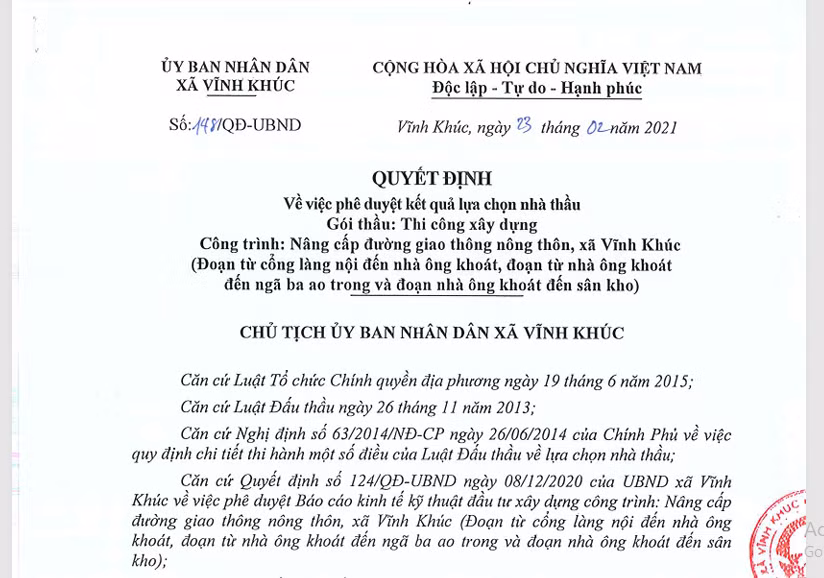 Một trong các quyết định phê duyệt cho Công ty Thiên Long trúng dự án sử dụng ngân sách