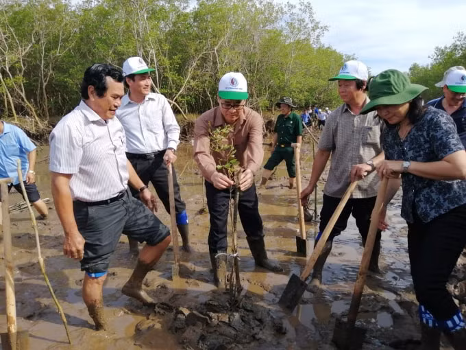 Các đại biểu tiến hành trồng rừng phòng hộ ven biển tại Bạc Liêu.