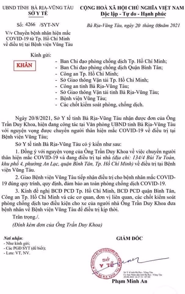 Văn bản khẩn của Sở Y tế tỉnh BR-VT đồng ý chuyển bệnh nhân Covid-19 từ TP. HCM về địa phương điều trị.