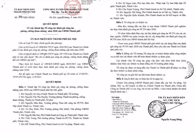 Quyết định về việc thành lập Tổ công tác đánh giá công tác phòng, chống tham nhũng năm 2020 của UBND Thành phố